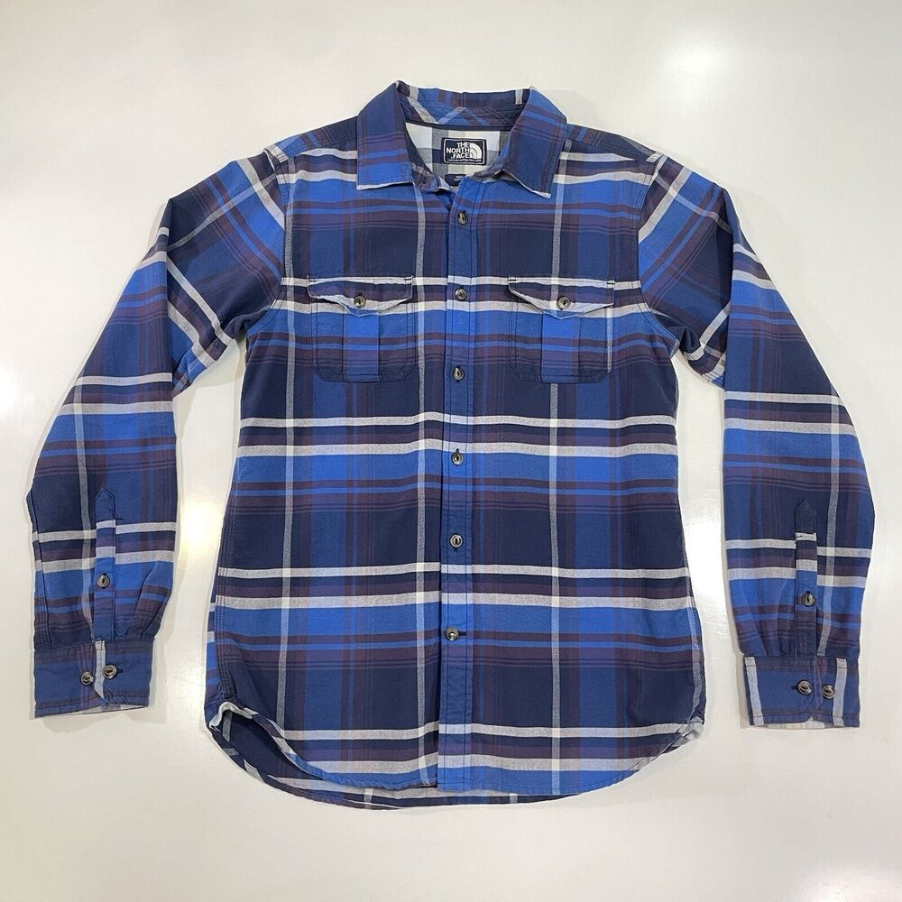 The North Face Plaid Flannel Shirt Men's Size Small Blue Gray Long Sleeve Cotton